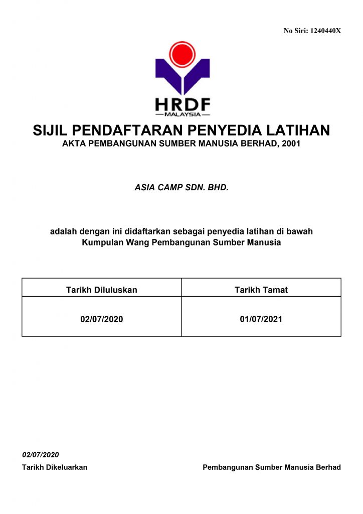 Sijil Pendaftaran Penyedia Latihan PSMB HRDF Claimable